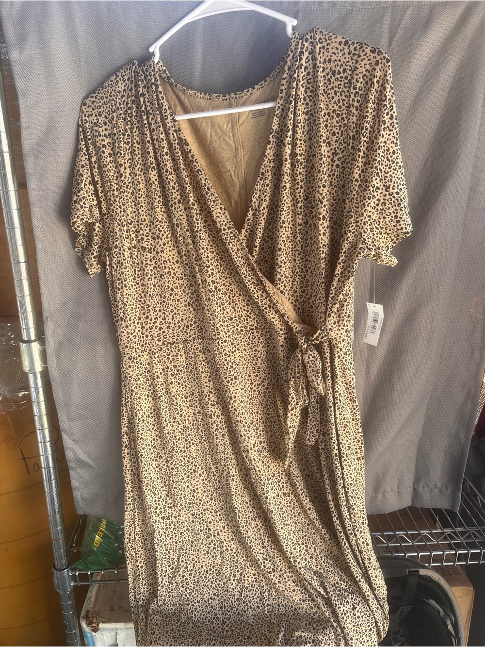 Amazon Essentials Tan Leopard Print Wrap Midi Dress